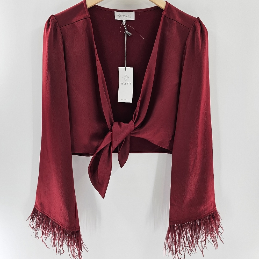 WAYF Burgundy Satin-Like Tie-Front Top with Feathered Long Sleeve Womens Medium